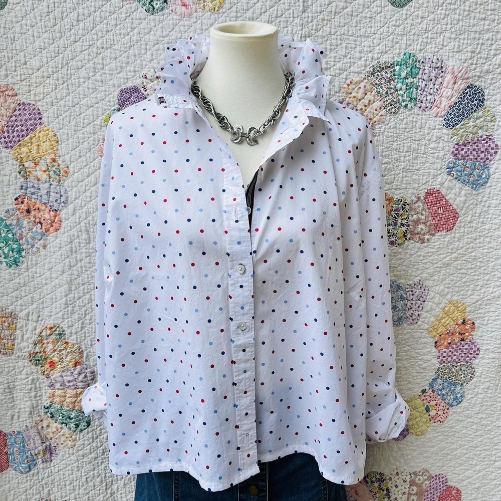 Upcycled Reworked Talbots White w/ Red & Blue Polka Dot Ruffle Collar Shirt 3XL - Picture 2 of 9